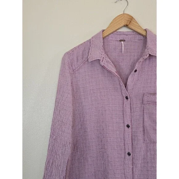 Free People No Limits Split Back Button Down Shirt Red Striped Boho Top Medium - Picture 4 of 13